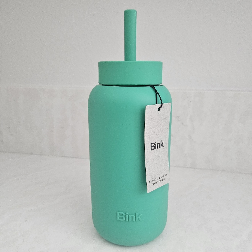 Bink Teal Glass Water Bottle with Straw